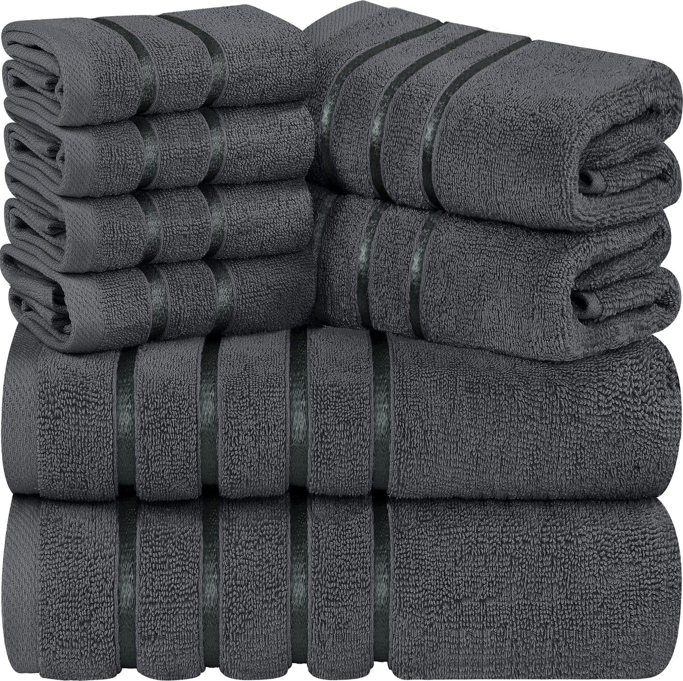 Utopia Towels 8Piece Luxury Towel Set 2 Bath Towels 2 Hand Towels and 4 Wash Cloths 600 GSM Ring Spun Cotton Highly Absorbent Viscose Stripe Towels Ideal for Everyday use Grey
