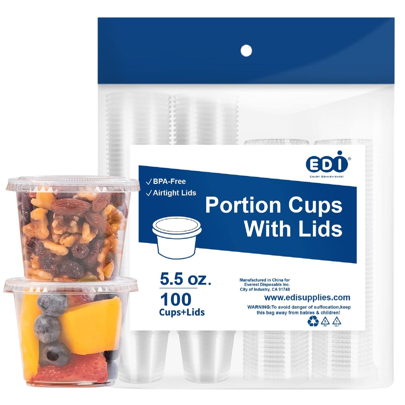 EDI 55 OZ 100 Sets Clear Disposable Plastic Portion Cups with Leakproof Lids Jello Shot Condiment and Dipping Sauce Cups Souffle Cups BPA Free Recyclable