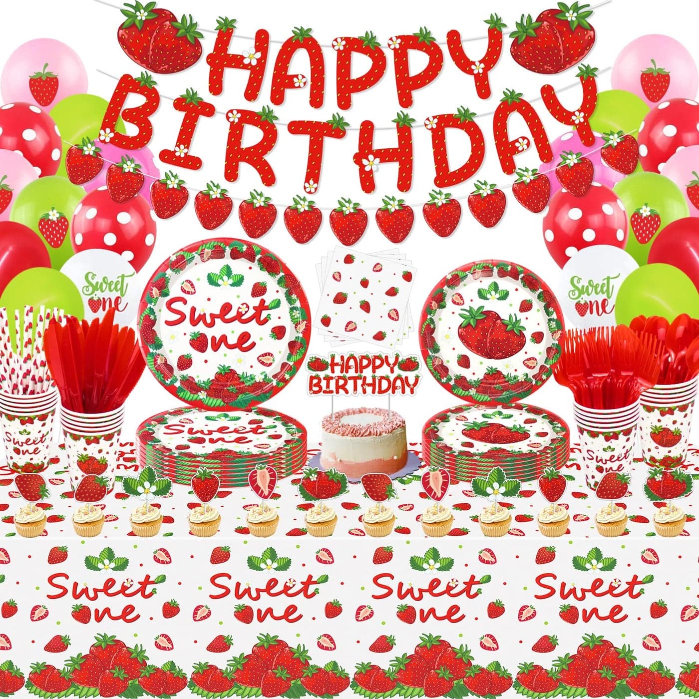 LKITMIUT Strawberry Birthday Party Supplies 243 Count Pack Plates Cups Tablecloths Balloons Napkins Cutlery Banners Toppers Ribbons Serves 20