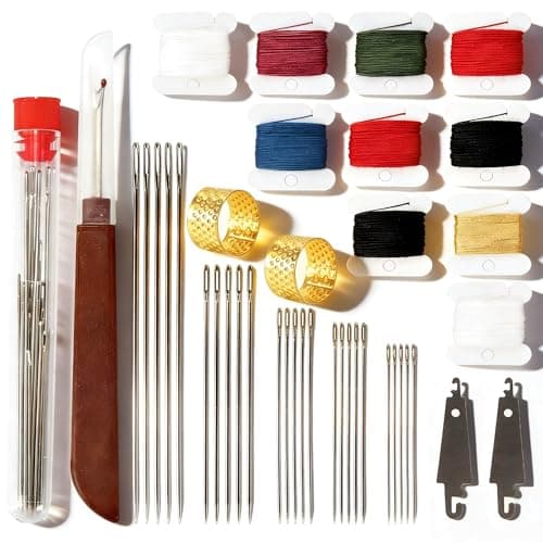 RZHHTTQ 41PCS Big Eye Steel Sewing Needles Kit Stainless Steel Needles for Hand Sewing with Thread Ripper Needle Threaders Thread and Thimbles for Quilting Denim Repair DIY Craft