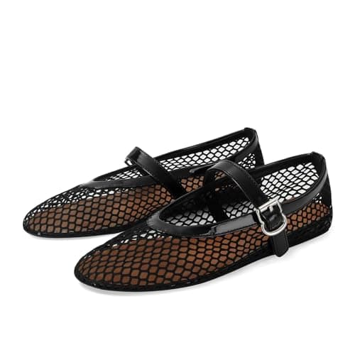 MICIFA Women's Mesh Ballet Flats Ballerina Fishnet Flats Buckle Mary Jane Flats Causal Daily Dress Shoes