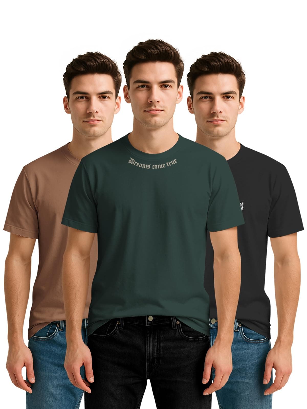 BULLMER Trendy Printed Round Neck Half Sleeve Tshirt for Men | Mens Crew Neck Tshirt - Pack of 3_Brown/Green/Black_Small