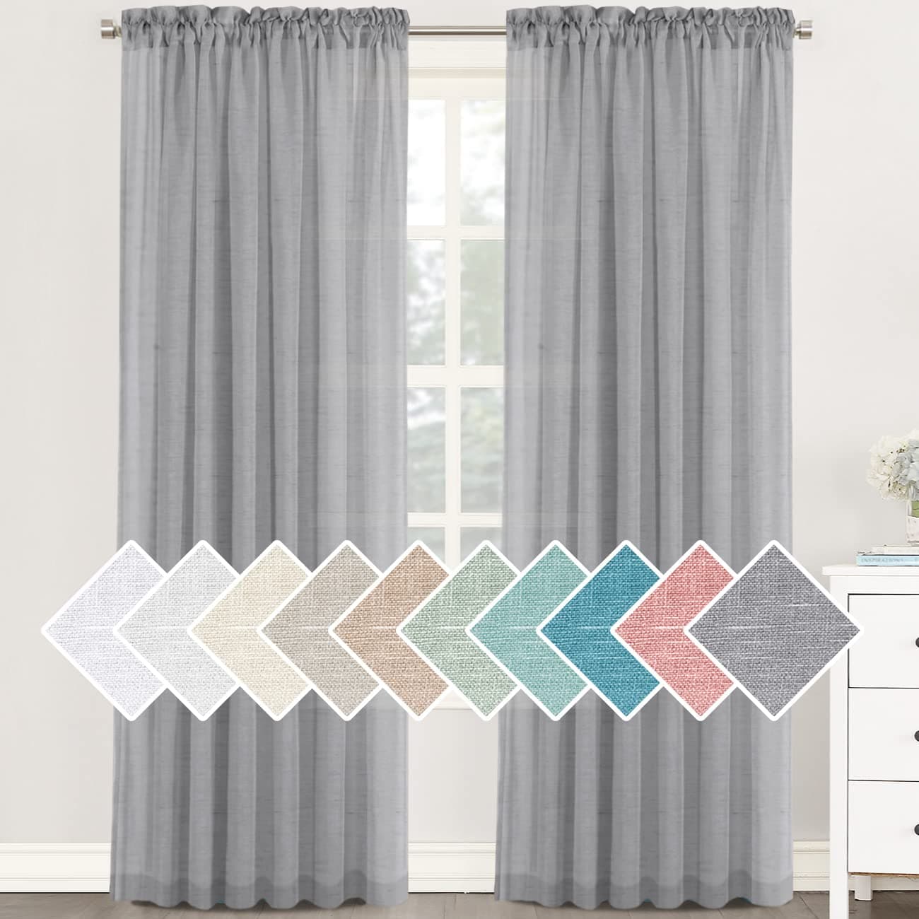 HVERSAILTEX Natural Linen Sheer Curtains 84 Inches Length 2 Panels Textured Woven Linen Sheer Curtain Drapes for Living RoomBedroom Light Filtering Rod Pocket Draperies Grey