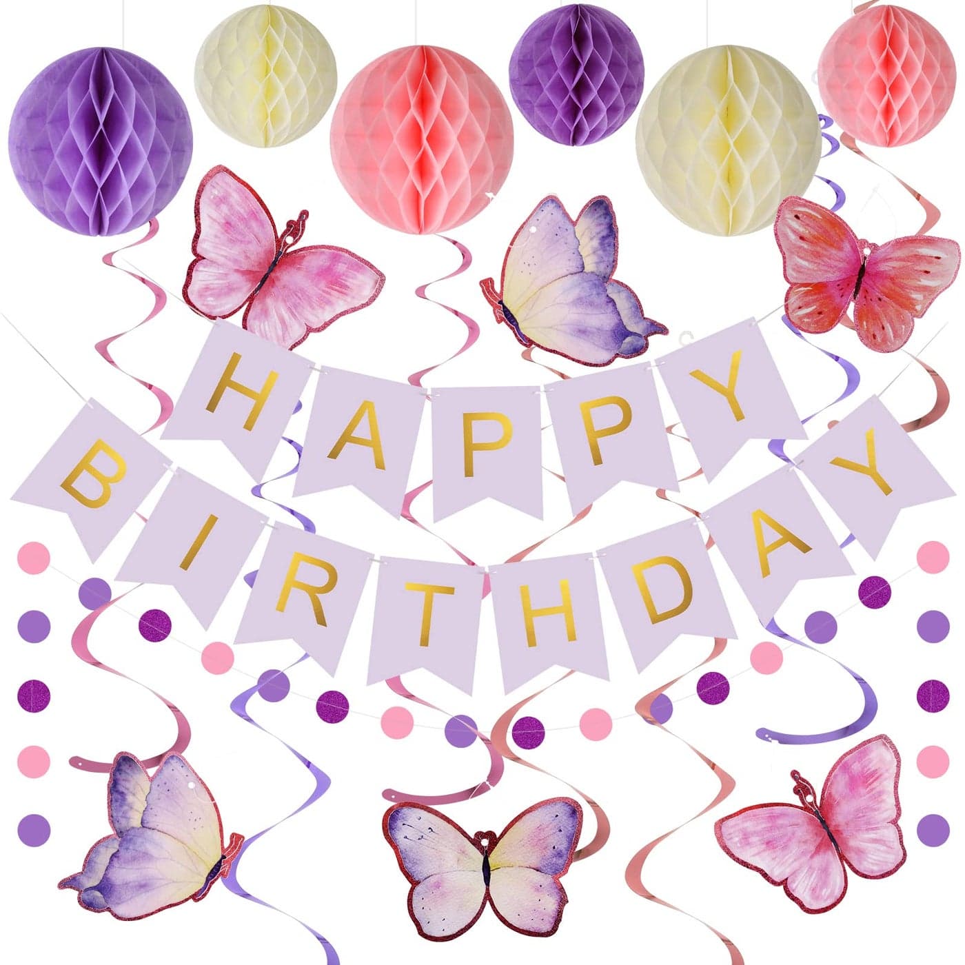 meowtastic Birthday Decorations Happy Birthday Banner with Honeycomb Balls Butterfly Hanging Swirl Streamers Circle Dots Garland Happy Birthday Party Decorations for Women Men Boys Girls Purple