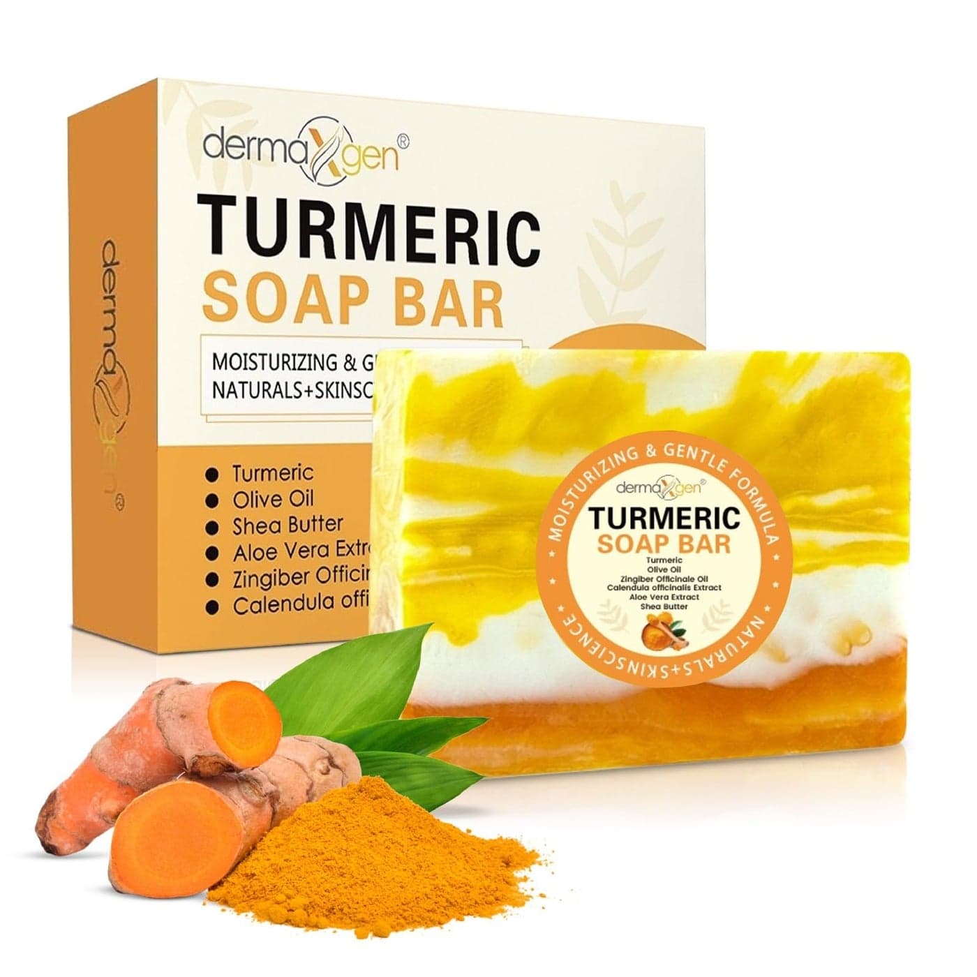 DERMAXGEN Organic Turmeric Soap Bar Pure Natural Handcrafted Skincare Face Body Cleanser Blemish Control Reduce Acne Evens Tone Fades Scars Sun Damage Age Spots 35 Oz