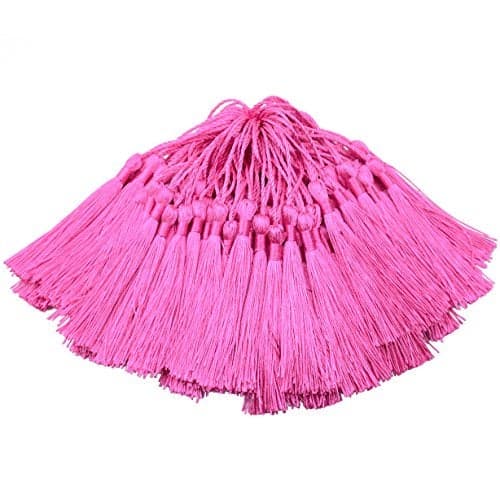 Makhry 100pcs 13cm/5 Inch Silky Floss Bookmark Tassels with 2-Inch Cord Loop and Small Chinese Knot for Jewelry Making, Souvenir, Bookmarks, DIY Craft Accessory (Dark Pink)