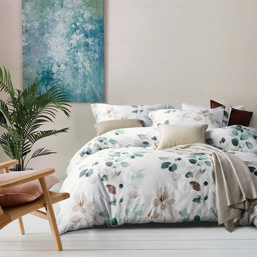 MILDLY 100 LongStaple Cotton Duvet Cover Set Teal Blue Green Leaf Pattern Printed Comforter Cover 2pcs Ultra Soft Breathable Bedding Set