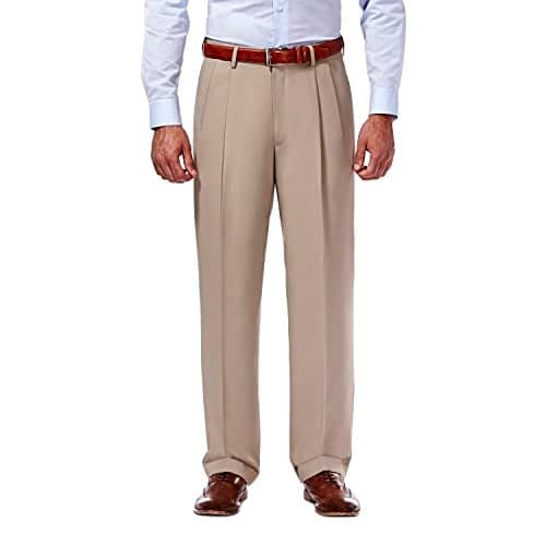 Haggar mens Mynx Gabardine Hidden Expandable Waistband Classic Fit Front Pleated dress pants, Tan, 44W x 30L US