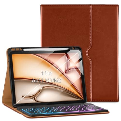 VIKESI Keyboard Case for iPad Air 11-inch M3/M2 (2025/2024 Released) & iPad Air 5th/ 4th Generation 10.9-Inch,Leather Cover, Built-in Breathing Light, Function Row,Pencil Holder,Card Slots -Tea Brown