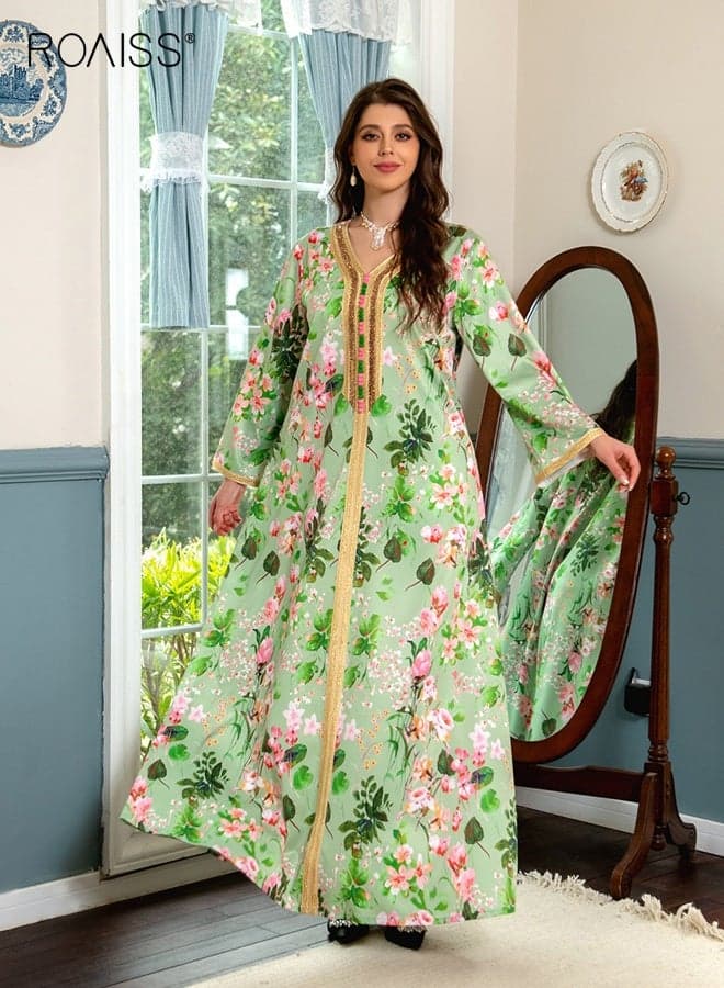 Women's Floral V-Neck Maxi Dress Elegant Embroidery Front Long Sleeve Abaya with Loose Fit and Breathable Fabric for Ramadan, Eid al-Adha, and Special Occasions Comfortable Everyday Wear