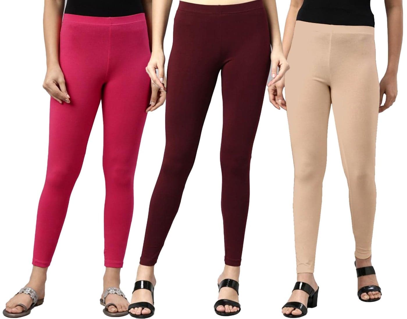 JUNEBERRY® Cotton Lycra Skinny Fit Ankle Length Leggings Combo for Women (Pack of 3) (PO3_LNG_PK_BR_BG_S)