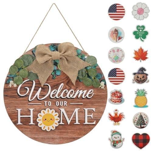 Interchangeable Seasonal Welcome Door Sign Front Door, Rustic Round Wreaths Wall Hanging outdoor Porch Decor for Housewarming Gifts, Welcome to Our Home Sign for Seasons Holiday