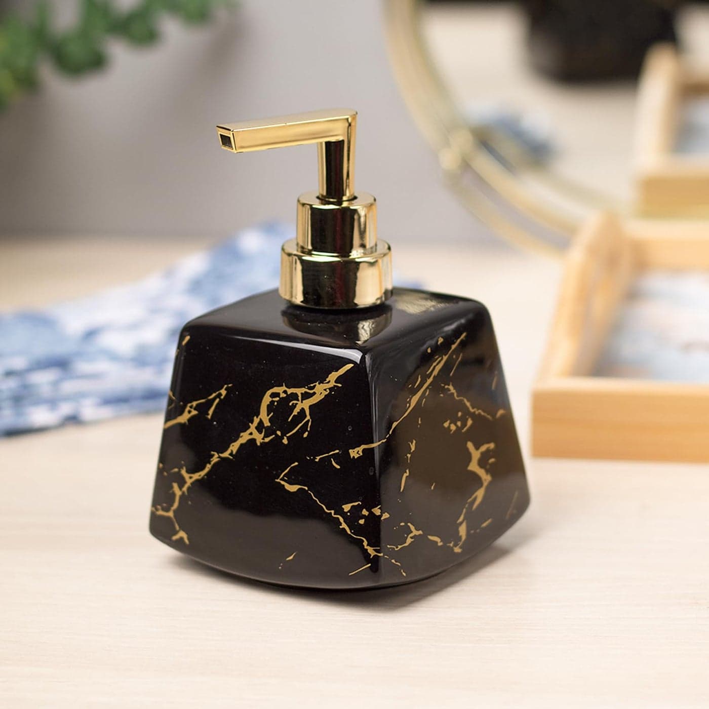 Market 99 Refillable Stone Finish Ceramic Liquid Dispenser for Kitchen Handwash Bottle for Wash Basin Shampoo Dispenser for Bathroom Bathroom Accessories 350ml Black
