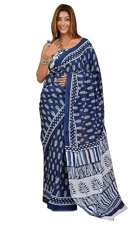 C J Enterprise Women’s Pure Soft Cotton Saree Linen For Kalamkari Silk Sarees Latest Party Design Wear Wedding Sadi With Blouse Piece Sari South Mulmul ikkat Mul Print 2025 New (Lilen) (Indigo-3)