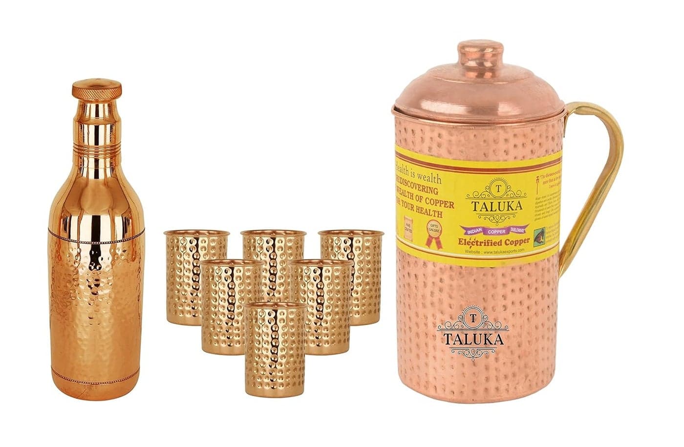 Taluka Set of 8 Copper Hammered Water Bottle 1700 ML Jug with Brass Handle 2000 ML with 6 Glass 300 ML Each Serving Storage Water Good Health Benefit Yoga Ayurveda