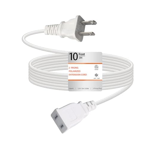 10 Feet Extension Cord White Flat Thin Flexible 2 Prong Long Polarity Power Cord 1250W 10A for Indoor Use with Single Outlet for Holiday Lights, Lamps, Cameras, Appliance ETL Listed (1 Pack)