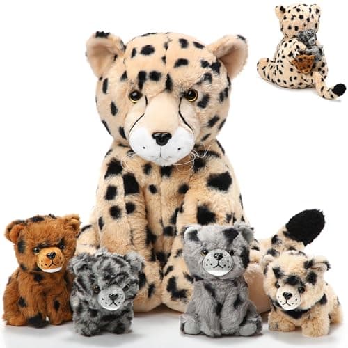 Silipull 5 Pcs Cheetah Stuffed Animals Set Large Mommy Cheetah Plush with 4 Soft Cuddly Baby Cubs in Her Tummy for Boys Girls Birthday Graduation Gifts Forest Party Decors(Sitting Style)