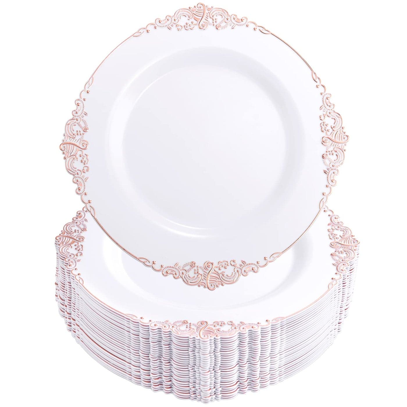 Morejoy 100 Pieces Rose Gold Plastic Plates Rose Gold Disposable Plates 1025inch White Plastic Dinner Plates With Rose Gold Rim for Weddings Parties Shower
