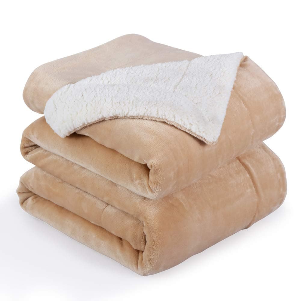 NANPIPER Bed Blanket Reversible Sherpa Flannel Blanket Super Soft Fuzzy Plush Fleece Microfiber 90x90 Beige Queen