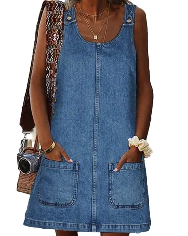 BZB Women's Sleeveless Casual Denim Dress Crewneck Vintage Loose Overall Mini Dress with Pockets