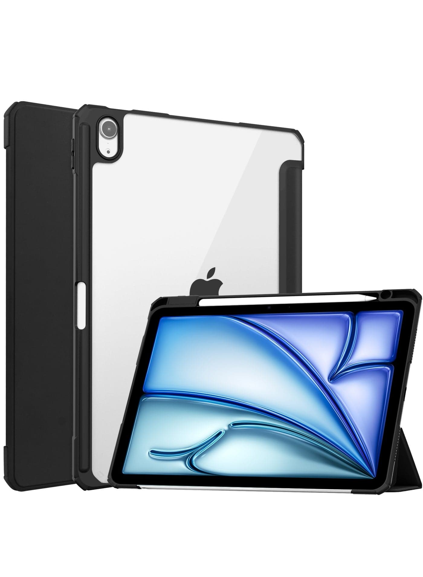 Case Compatible With IPad Air 11-Inch (2024) with Pencil Holder Clear Transparent Back Shell Slim Stand Shockproof Tablet Cover Auto Wake/Sleep (Black)