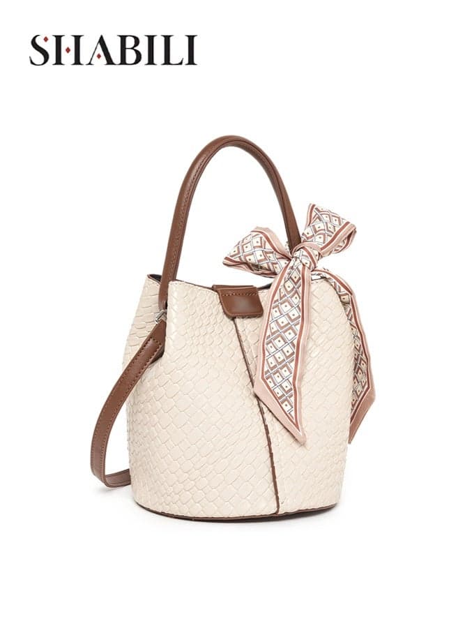PU Leather Ladies Handbag with Woven Texture and Decorative Scarf, Fashionable Shoulder Bag Messenger Bag Satchel Bag, Elegant Bucket Bag for Women Suitable for Dating, Shopping and Commuting