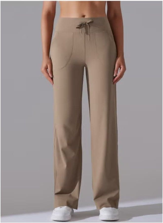 Nine Points Wide Leg High Waist Elastic Breathable Casual Pocket Jogging Pants for Running Fitness Yoga