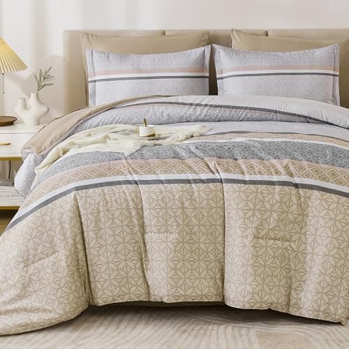 WONGS BEDDING Beige Comforter Set Queen Size, 7 Pieces Striped Bed in a Bag Comforter and Sheet Set,Patchwork Soft Lightweight Micorfiber Bedding Set for All Seaon (90"×90")
