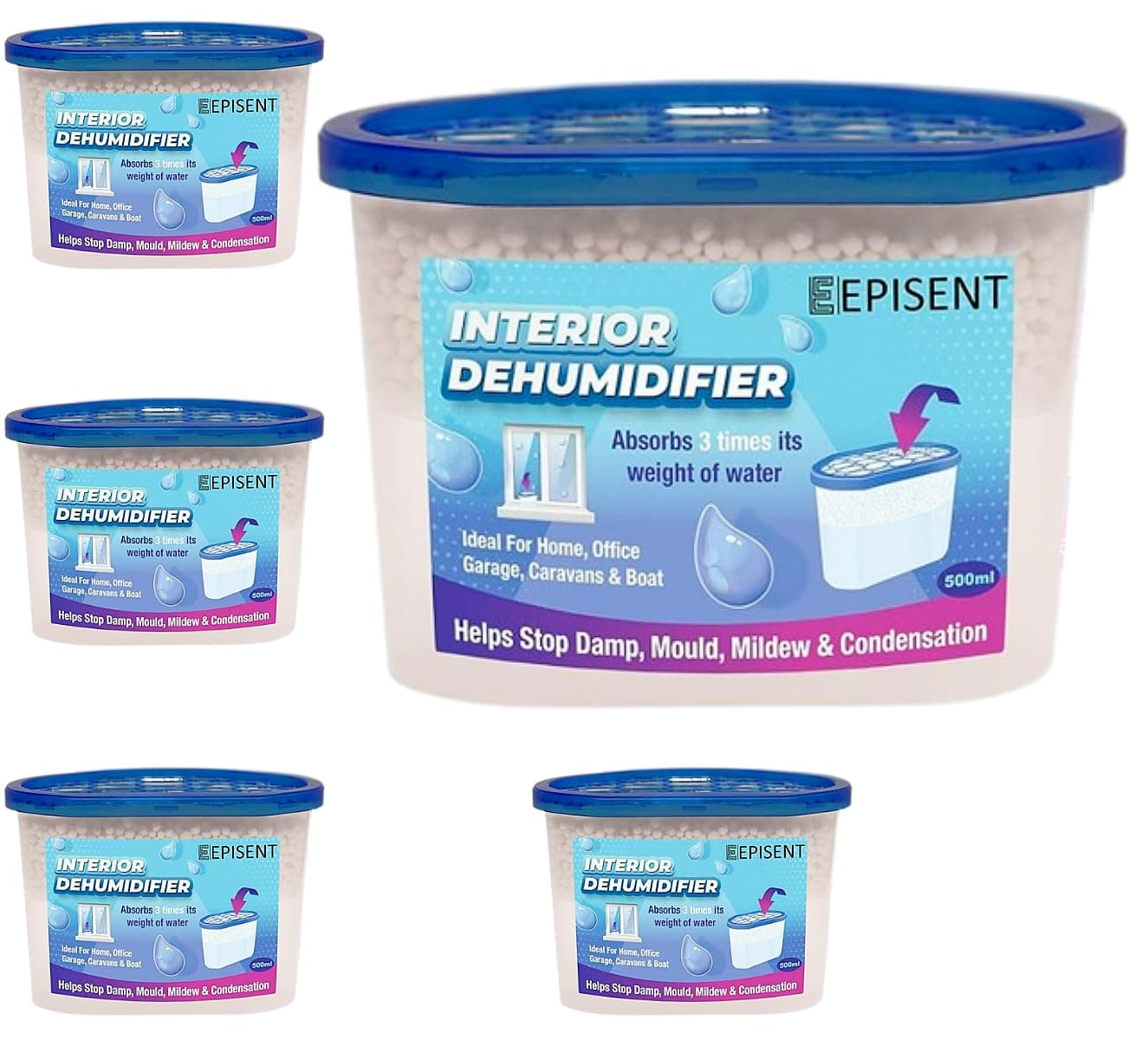 EPISENT Pack of 4 Interior Dehumidifiers Moisture Absorber Closet Dehumidifier Prevents Damp Mildew Mould Condensation Ideal for Home Office