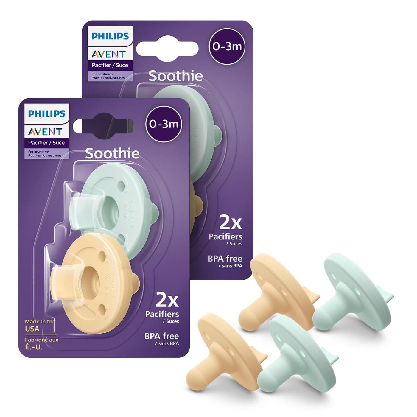 Philips Avent Soothie Orthodontic Baby Pacifiers 100 Silicone Pacifiers One Piece BPAFree for Babies 03 Months 2 Green and 2 Yellow 4 Pack Model SCF19071