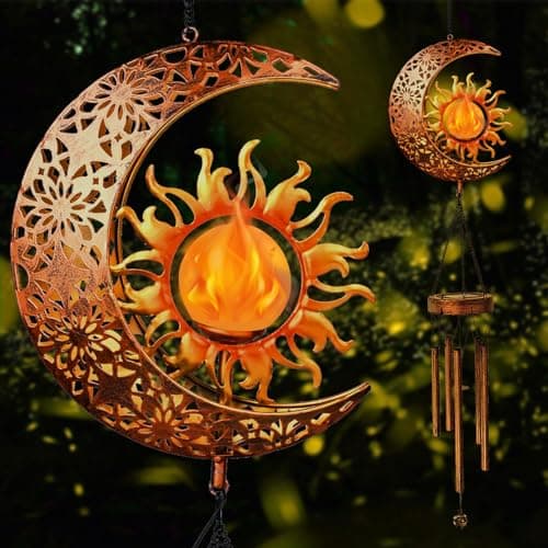 Kelvinlux Solar Sun Moon Wind Chimes Outdoor Waterproof Wind Bells Light with Crackle Glass Ball for Outside Clearance Unique Gifts for Women Girls Yard Garden Party Decor