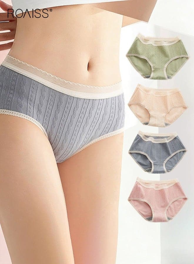 Women 4 Pack Mid-rise Underwear Set with Antibacterial Lining, Soft Stretchy Panties with Lace Edge, Breathable Briefs with Elastic Waistbands for Ladies, Ideal for Everyday Wear