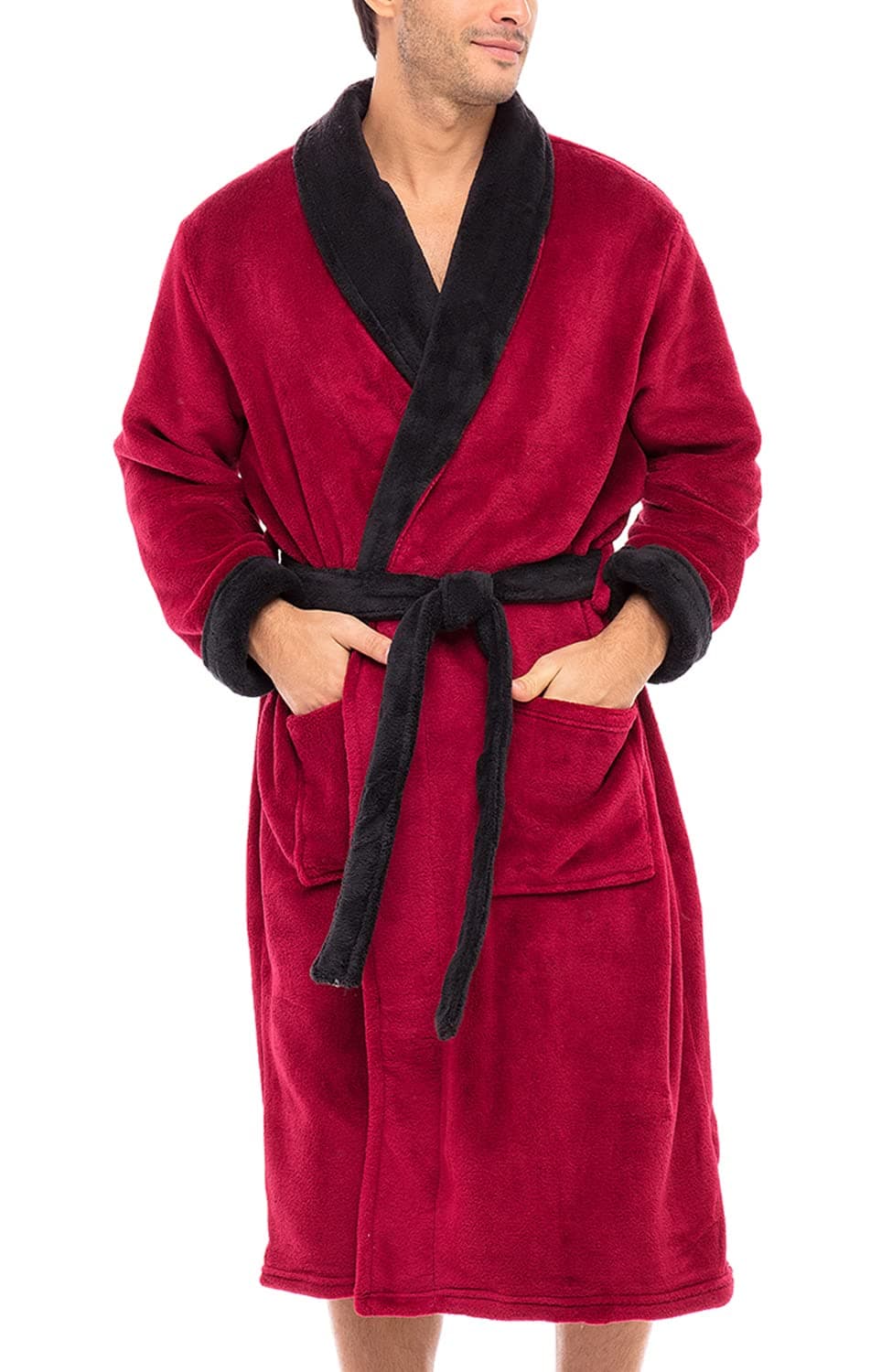 Alexander Del Rossa Mens Plush Robe Warm Fleece Bathrobe Burgundy with Black Medium A0114BRBMD