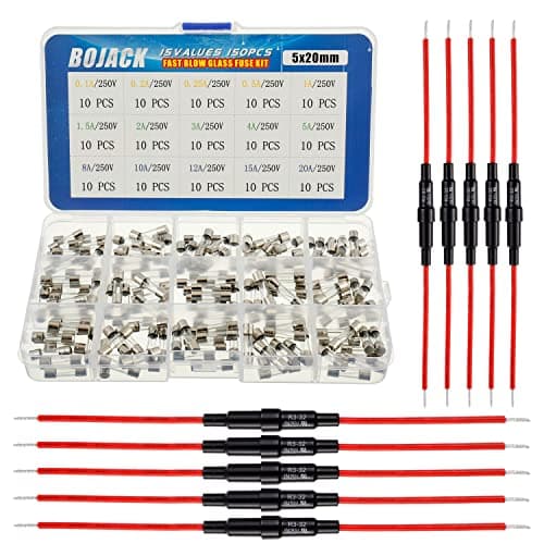BOJACK 5x20 mm Fuse Holder Inline Screw Type with 16 AWG Red Wire + 15 Values 150 Pcs 5x20mm Fast Blow Glass Fuses 250 V 0.1 0.2 0.25 0.5 1 1.5 2 3 4 5 8 10 12 15 20 A Assortment Kit