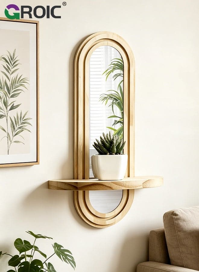 Wall Mounted Storage Shelf with Integrated Mirror, Decorative Display for Home And Office, for Home Backdrop Decoration, Plant Display Shelf, Storage Shelf, Bohemian Wooden Shelf