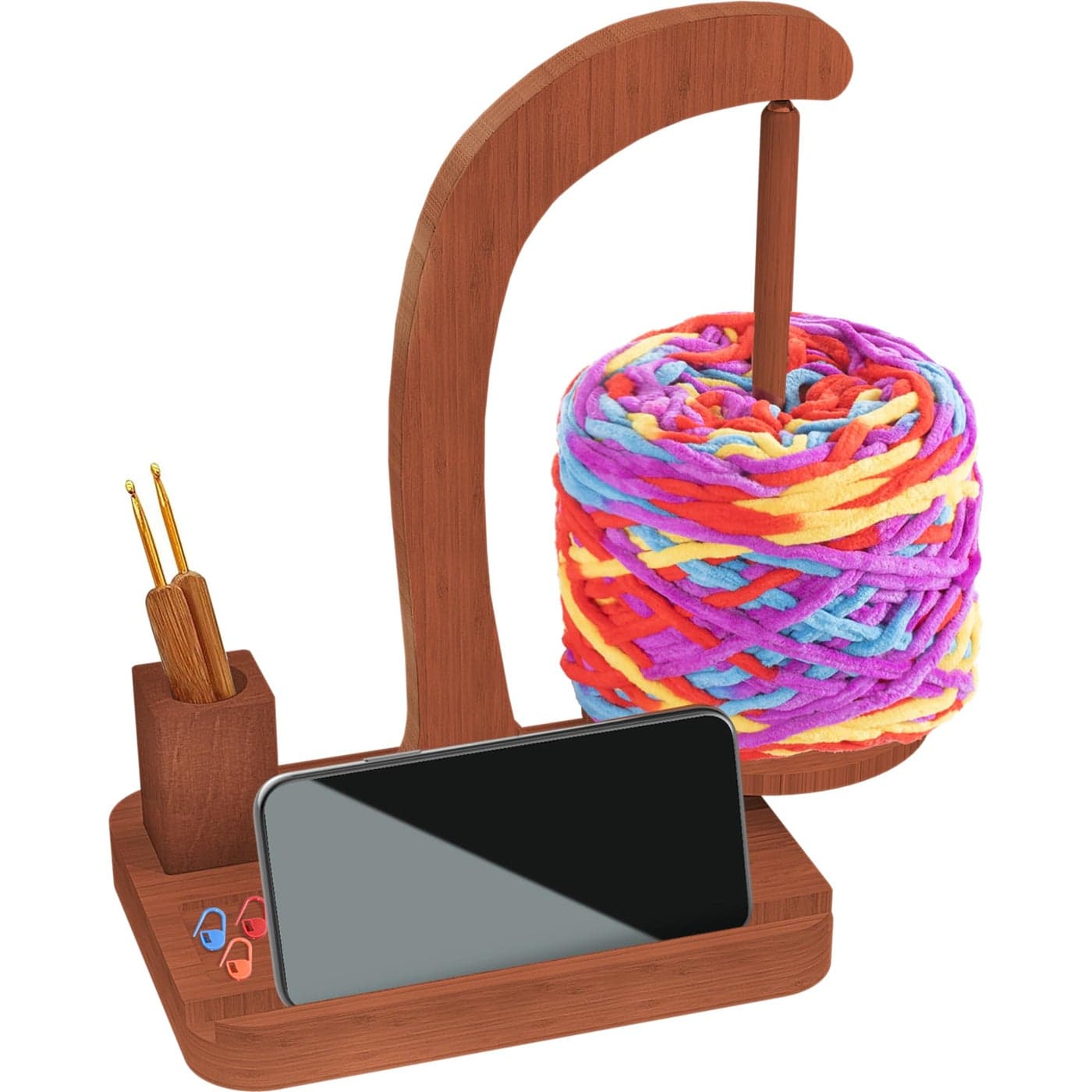Upgraded Yarn Holder for CrochetingWooden Crochet Yarn Holder Magnetic Rotation Yarn Spinner with Crochet Accessories Storage and Phone StandYarn Ball Holder Crochet Gift for Knitting Lovers