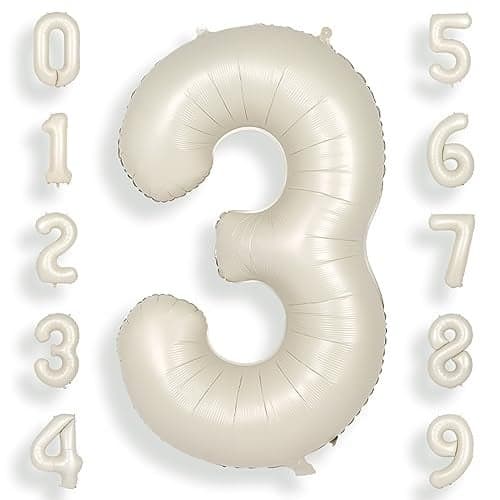 SUWEN 40 Inch Cream White Large 3 Number Balloons Big Foil Helium Number Balloons 09 Jumbo Happy 3rd Mylar Birthday Party Decorations for Boy or Girl Anniversary Party Supplies