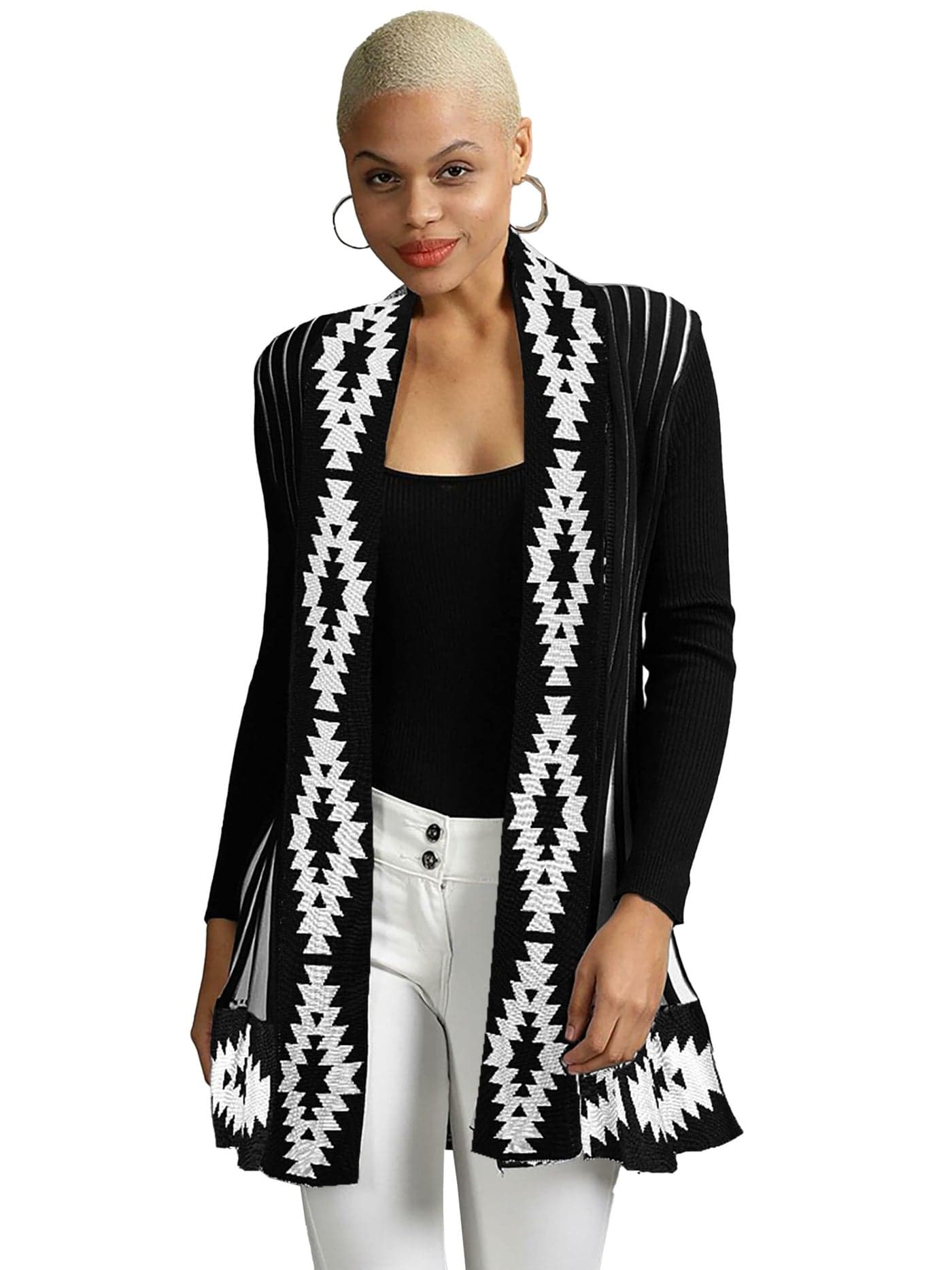 ICW Women's Knitted Stretchable Cardigan Front-Open Full Sleeve Winter Long Shrug Jacket (ONE Size FIT to 32-38 INCH Bust) (Black 5)