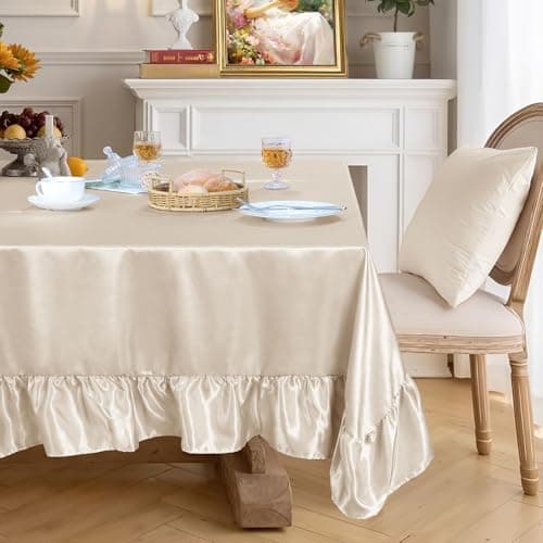 Ersmak Satin Ruffle Edge Tablecloth - Beige Satin Table Cover 52 x 70 Inch Rectangle Bright Silk Table Cloth for Weddings, Banquets, or Home Dining