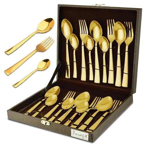 Parage 18 Pieces Premium Stainless Steel Golden Cutlery Set, Home & Kitchen with Gift Box, PVD Gold (6 Pieces Each Table Spoons, Table Forks & Tea Spoons) with Leatherite Box