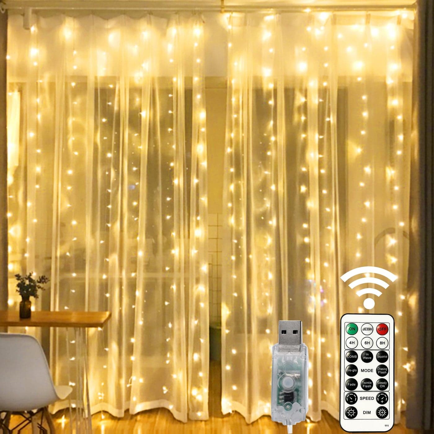 HOME LIGHTING Window Curtain String Lights 300 LED 8 Lighting Modes Fairy Copper Light with Remote USB Powered for Christmas Party Wedding Home Decorations Warm White