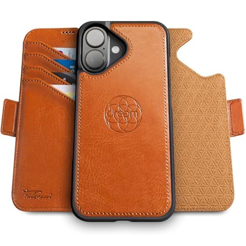 Dreem Wallet Case for iPhone 16 Revolutionary VertHor Phone Stand Magnetic Detachable Vegan Leather Flip Cover RFID Blocking Card Holder MagSafeFit Gift Box Fibonacci Caramel