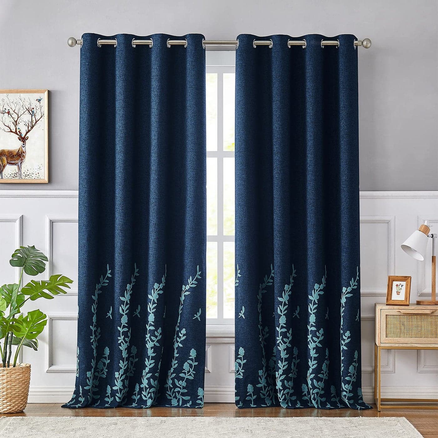 Melodieux Flower Embroidery Linen Textured Blackout Curtains for Living Room Bedroom Silver Grommet Window Drape NavyBlue 52 by 84 Inch 1 Panel