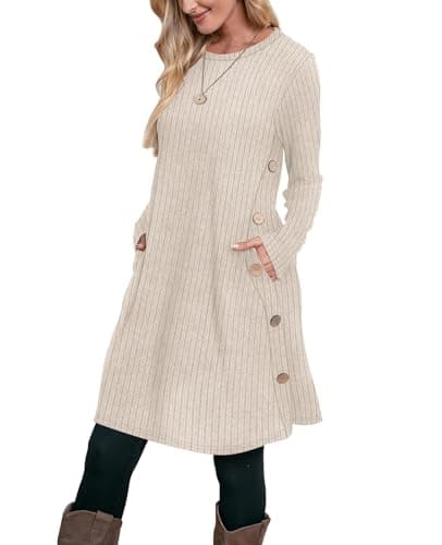 OFEEFAN Winter Dresses for Women 2025 Early Fall Fashion Long Sleeve Tunic Sweater White Wedding Guest Dress Wear with Leggings Teacher Outfits M