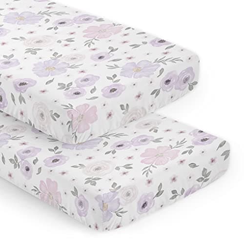 Sweet Jojo Designs 2-Piece Baby Crib Sheets Set (Purple/Grey Boho Floral) for Girls, Infant Nursery, Toddler Room - Standard Size (Lavender, Bohemian Flower, Rose, Farmhouse, Garden, Shabby Chic Pink)