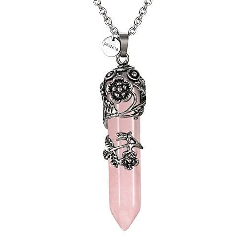 JADENOVA Antique Silver Rose Flower Wrapped Energy Healing Crystal Gemstone Pendant Necklace 20 Inches Stainless Steel Chain(Natural Rose Quartz)