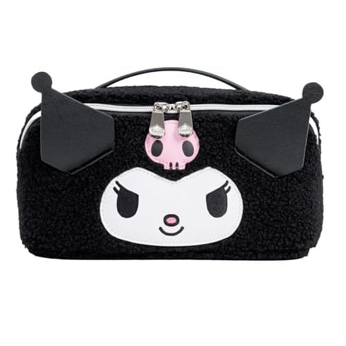 Impressions Vanity Kuromi Unfold Travel Makeup Bag Organizer, Opens Flat Zippered Cosmetic Bag with Cozy Sherpa Fabric Texture, Dual Compartments, Inner Pockets, and Top Carrying Handle