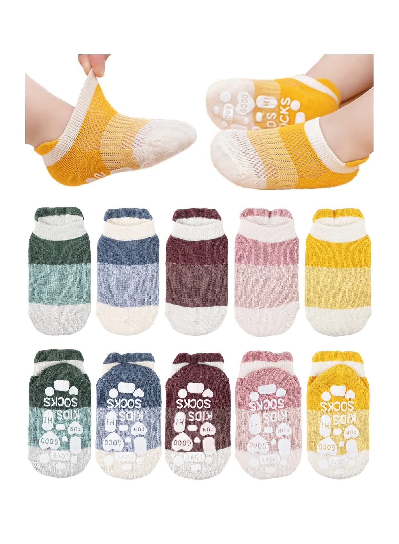 5 Pairs Baby Grip Socks Toddler Non Slip Thin Mesh Infant Pointelle Eyelet Summer Cotton Uni Girl Boy No Show Floor Ankle Size S for 0 to 12 Months Babies