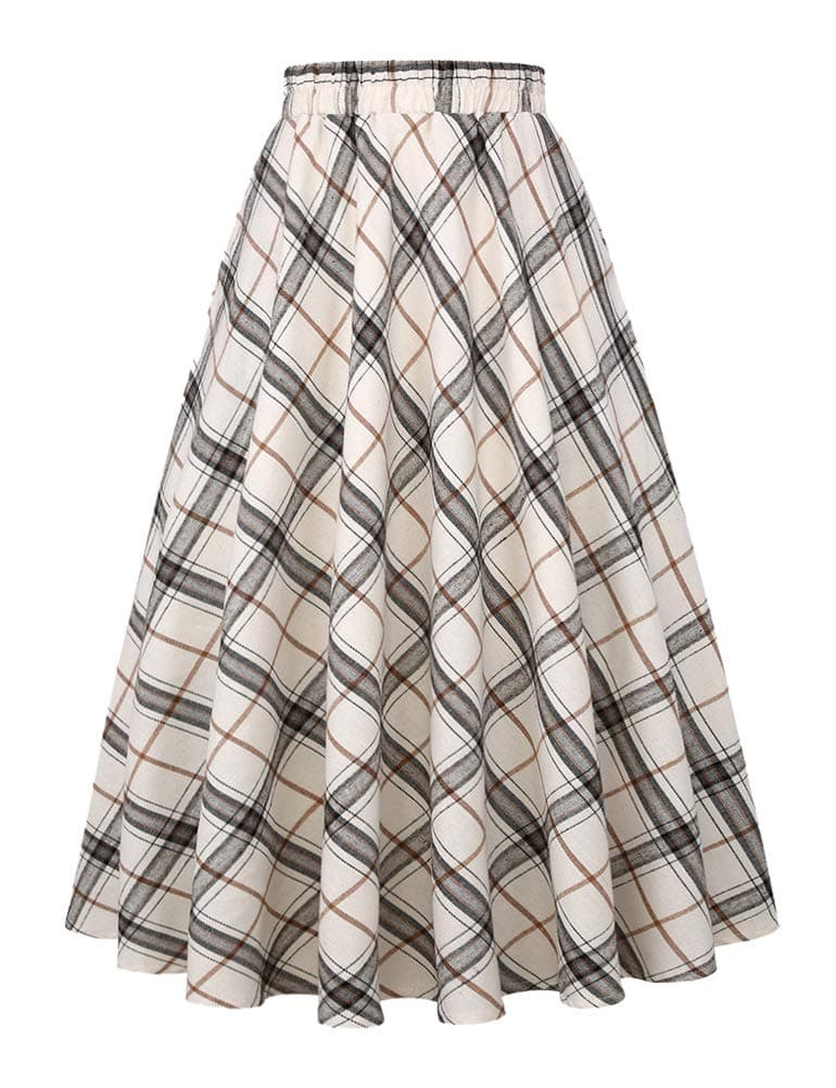 Midi Skirt for Women Fall Winter Wool Tartan High Waisted Knee Length Plaid Skirts Large Beige D39