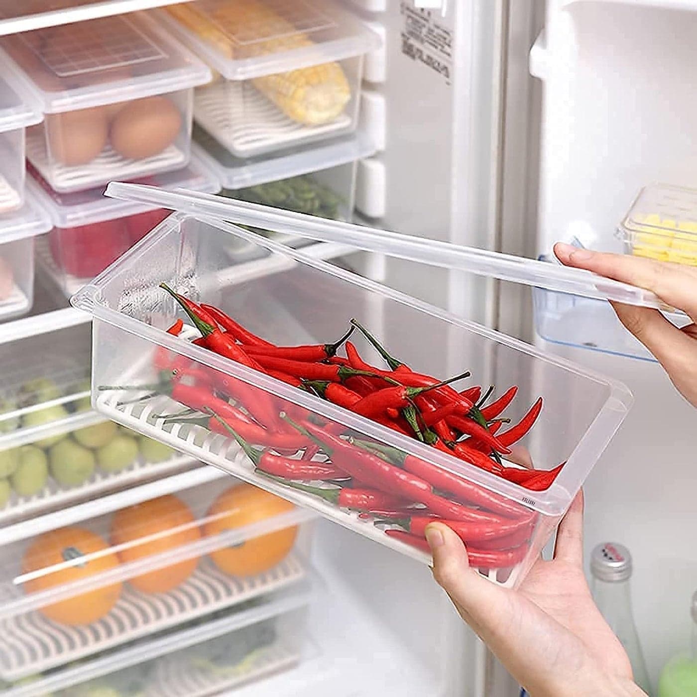 TARUJISHA 6 Fridge Plastic Storage Boxes Fridge Organizer With Removable Drain Plate BPA free Storage Containers Keeps Fruits Vegetables Fish Fresh Longer 1500 MLPACK OF 6